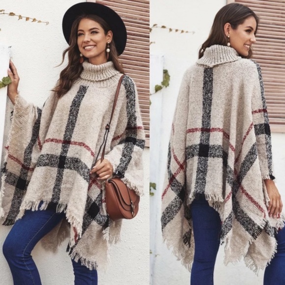cream Turtleneck knit fringe hem  plaid poncho - Picture 2 of 3